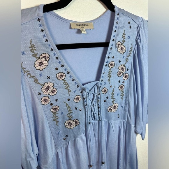 NWOT - Haute Hippie Tribe Floral Short Sleeve Blouse Blue - Picture 2 of 3
